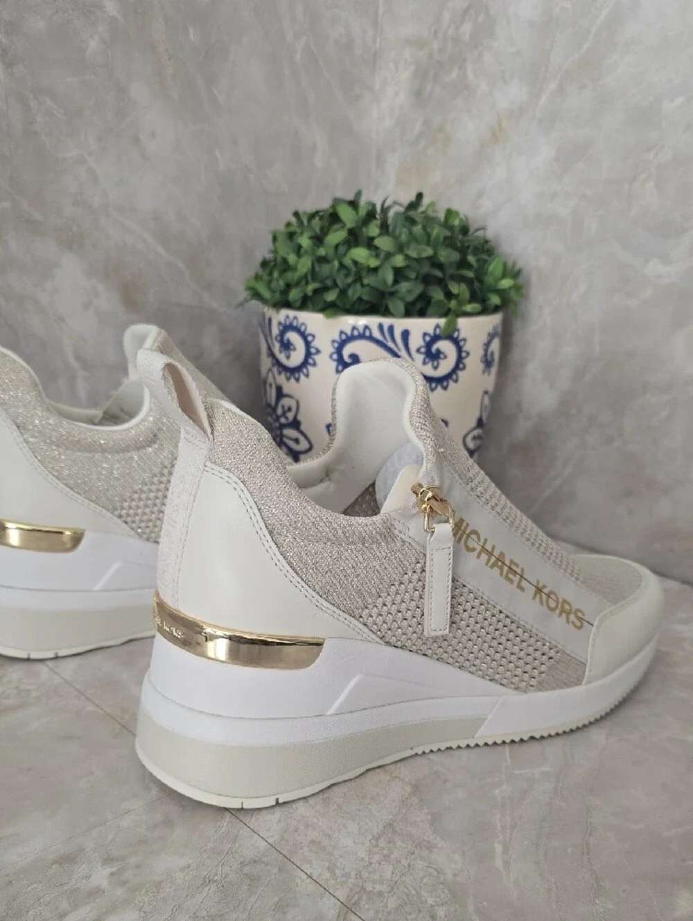 Michael Kors Willis Metallic Stretch Knit Wedge Trainer Sneakers Champagne 7.5